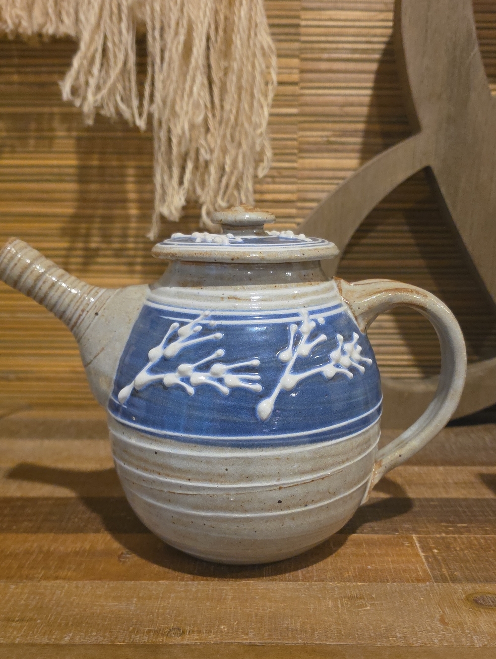 Handcrafted Blue and Cream Ceramic Teapot with Branch Relief